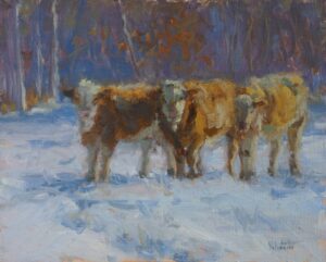 "Huddled Together" featuring three cows was exhibition at Chelsea art sociery 2023 and sold