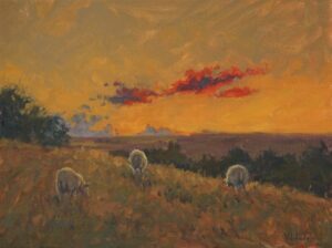 Oil painting "Quiet Under Red Skies" of sheep in a field during a sunset. This painting was selected for Chelsea Art Society Exhibition 2024.