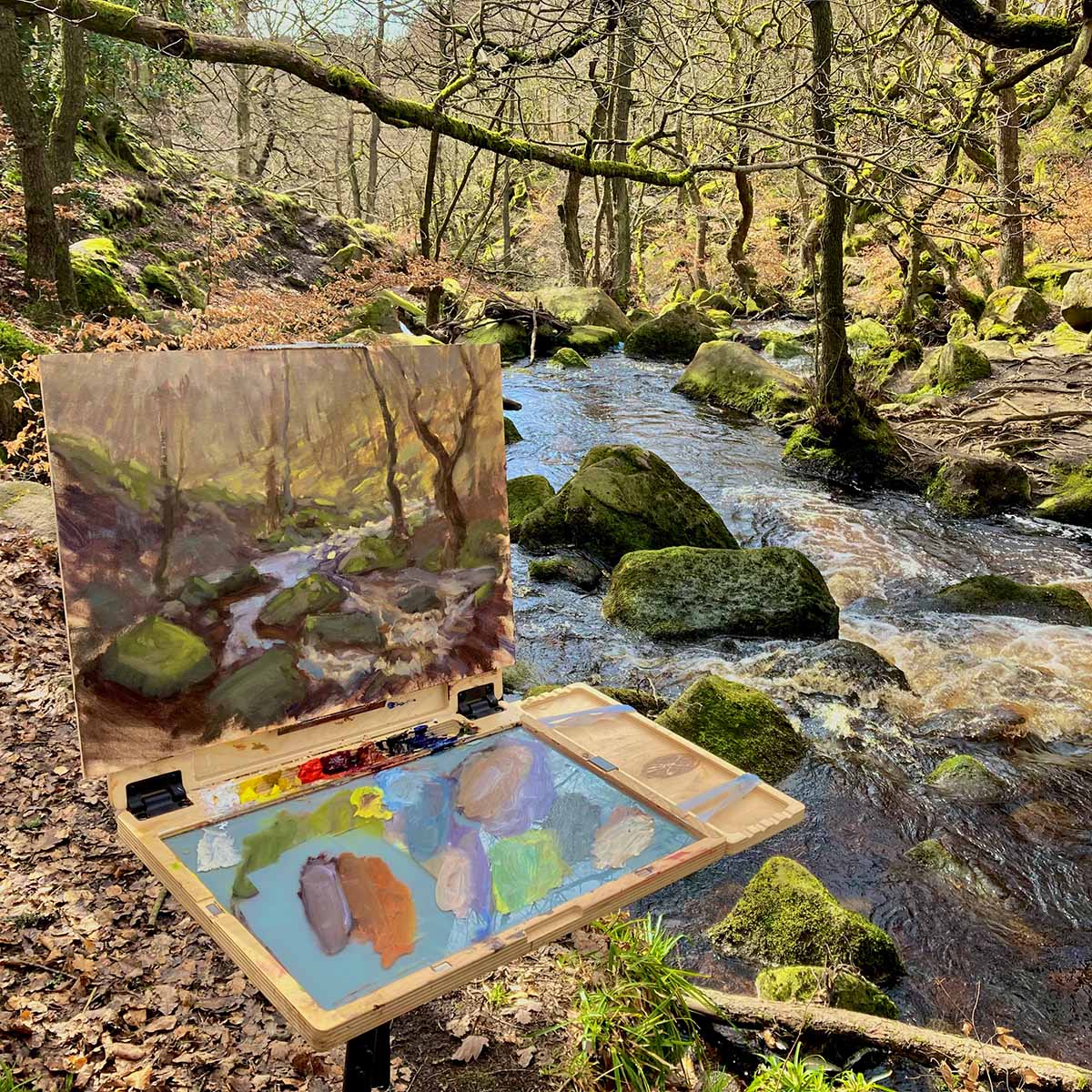 Close up of plein air painting in Padley Gorge, Peak District. TALP exhibition 2023